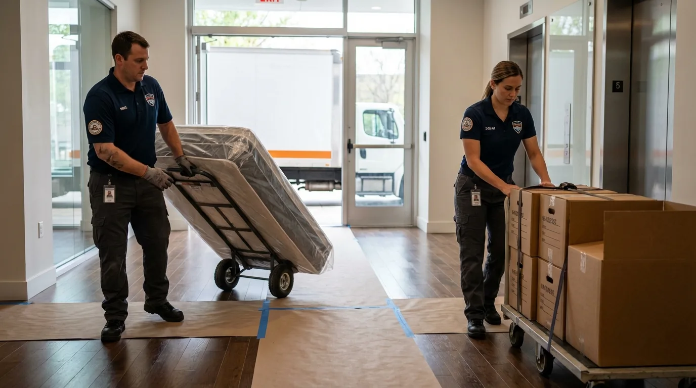 Professional apartment movers loading elevator in Beaver Falls, PA